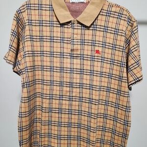 Burberry Vintage Beige Plaid Polo with Contrast Collar and Red Embroidered Logo
